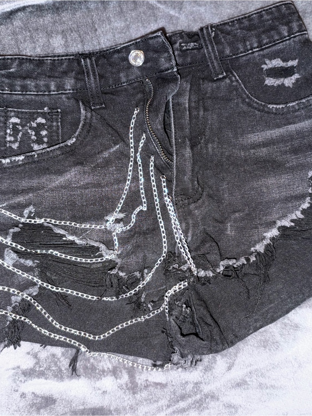 Women's Black Distressed Denim Shorts with Chain Stitch Accent